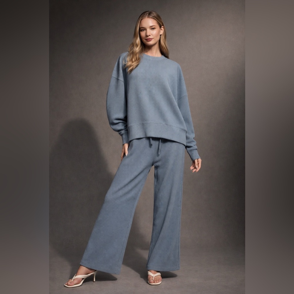 Wide-Leg Ribbed Knit Pant Set - Dusty Blue